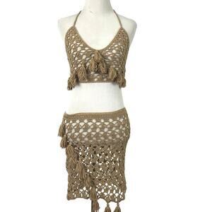 Fashion Nova Women Set Knit Crotchet Top & Mini Skirt Festival Brown Size M